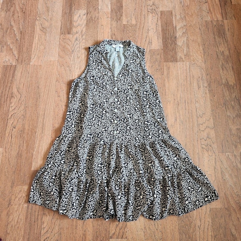 Nine West Black White‎ Floral Leopard Print Sleeveless Tiered Dress Small 645